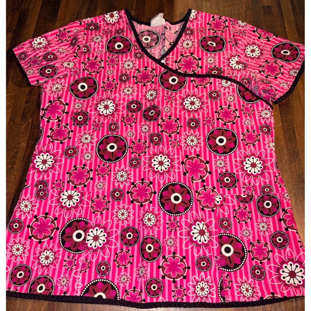 Peaches Uniforms Pink‎ Floral Striped Mock Wrap Scrub Top Womens V-Neck 20x26